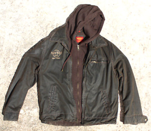 Bomber Flight Jacket Removable Hood  HARD ROCK CAFE  New York  Faux Leather SZ L