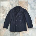 Vtg 1970s Navy Black Wool Peacoat Overcoat Pewter Buttons Enlisted Men Size 38S