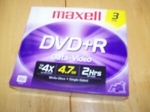 New Maxell Brand 3 Pack DVD+R Data Video Discs Up to 4 Hours Recording DVD Rom