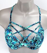 Victoria's Secret PINK Blue Green Tropical Palm Cage Front Strappy Bikini Top L