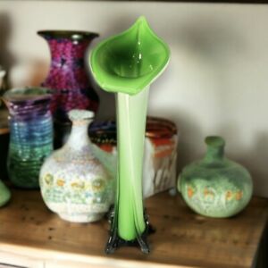 Vintage Murano Style Art Glass Vase Jack in the Pulpit Green Calla Lily 15.5 in