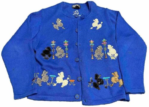 Vtg Berek Takako Sakon Poodles Sequin Dogs Novelty  Blue Sweater Cardigan L