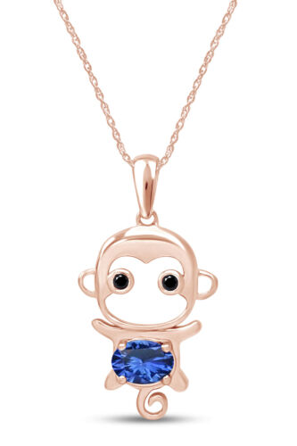 Monkey Animal Cartoon Pendant Necklace Simulated Sapphire Solid Sterling Silver