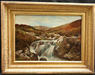c1888 WATERFALL IN MOORLAND LANDSCAPE SIGNED & DATED Antique Oil Painting