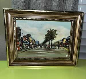 VTG Spanish Town Square Small Oil Painting Framed Spain 2000 Millennium Piece