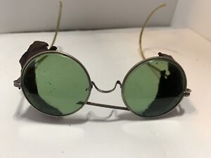 STEAMPUNK LEATHER GLASSES GREEN LENS GOGGLES MOTORCYCLE AVIATOR SIDE SHIELDS