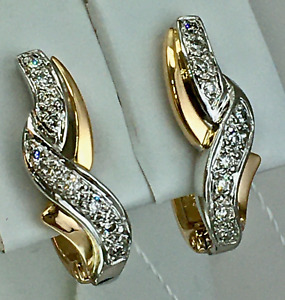 Vintage Original Solid Rose & White Natural Diamond Gold Earrings 585 14K