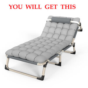 Adults Folding Sleeping Cot Guest Bed Sun Lounge Recliner Portable Cots with Mat