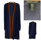 Eileen Fisher Sz M Blue & Brown Longline Open Front Cardigan Sweater Tencel Silk