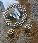 Beautiful Vintage Gold Tone Brooch & Earring Set White Glass Stones