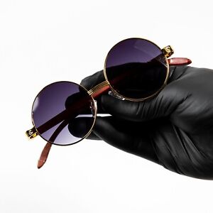 Vintage Woodgrain Circle Purple Smoke Gradient Tint Round Hip Hop Sunglasses