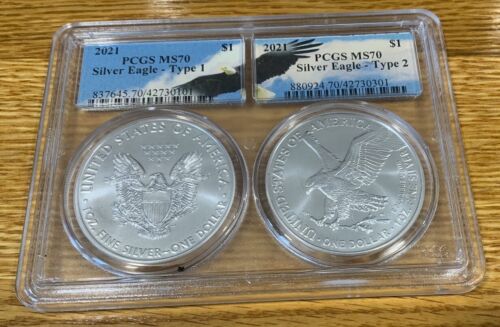 2021 $1 T1 and T2 Silver Eagle Set PCGS MS70