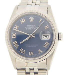 Rolex Datejust Mens Stainless Steel Watch Blue Roman Dial Jubilee Band 16220