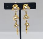 Vintage MFA Museum of Fine Arts Faux Pearl Clip Dangle Earrings Gold Tone 2.75