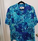 Kimos Polynesian Shop Vintage Mens Hawaiian Shirt Size L Blue Floral Surf Blues