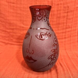 New ListingRare Vintage One Of A Kind Handmade Sand Etched Cranberry Art Glass Face Vase