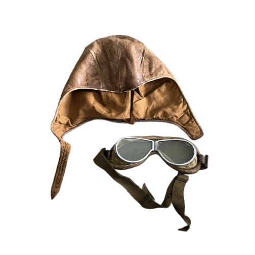 Vintage WW1 Leather Flight Helmet And Goggles