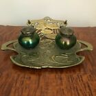 Iridescent Art Glass Inkwell in Water Lily Motif Stand Bohemian C. 1900