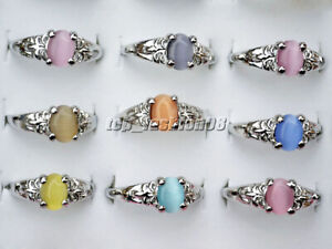 100/80Pcs Wholesale Mixed Rings Vintage Cat Eyes Gemstone Silver Plated Ring Lot