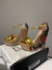 Gucci Ophelia Espadrilles Gold Leather Floral Print platform wedge shoes