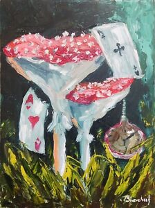 Original Oil Painting Mushrooms Fly Agaric Art Alice In Wonderland Forest 9x7 in