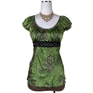 Heart Soul Whimsigoth Milkmaid Top Women Large Green Floral Embroidered Babydoll