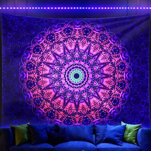 Blacklight Mandala Boho Tapestry Glow in the Dark, Black Light Bohemian Hippie P