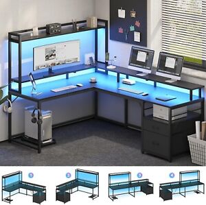 L Shaped Computer Desk with File Drawer Home Office Desk LED Gaming Desk Black