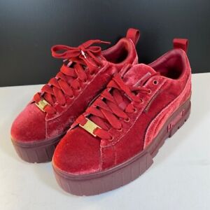 Puma Womens Size 7 Mayze Red Team Gold Velvet Platform Fashion Shoes Sneakers