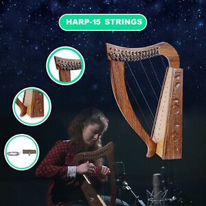 Children's lever Harp 15 strings  Mahogany wood free Bag, Strings and key