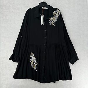 STUNNING Solitaire Babydoll Top Women 2X Black Embroidered Tunic Roll Tab Sleeve