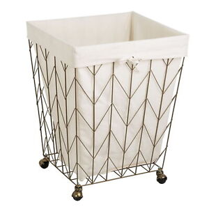 Wire Laundry Hamper Wheel Rotation 360 Degrees Washable  Cotton Canvas Lining