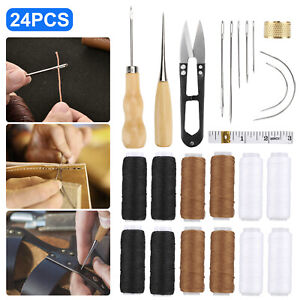 24Pcs Leather Waxed Sewing Kit Thread Stitching Needles Awl Hand Tools DIY Craft
