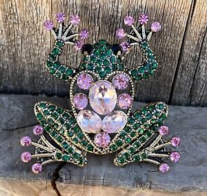 Green Frog Toad Crystal Glass Rhinestone Brooch Pin Vintage Fashion Pink Heart
