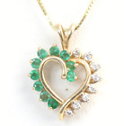 + 14k Genuine Diamonds Emeralds Open Heart Charm Pendant Necklace 18