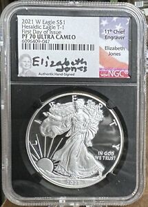 2021 W PROOF SILVER EAGLE NGC PF70 FIRST DAY OF ISSUE ELIZABETH JONES SIGNED T1