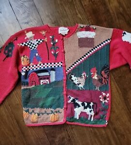 Vintage Woolrich  Cottagecore Farm Barn Button Front Cardigan Sweater Cow Hen S