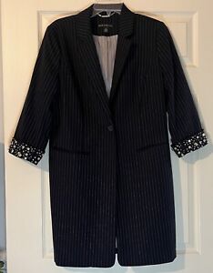 Chicos Black Label Trench Coat Pinstripes Rhinestone Cuffs Dressy Travel Size 1