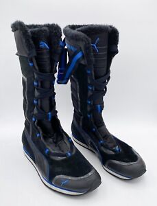 Puma Womens Kami Tall Snow Winter Boots 349908 Black Blue Suede Quilted Size 9