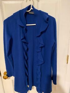 Magaschoni 100% Cashmere Sweater Dark Blue Ruffled Open Front Cardigan Small