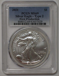 2021 TYPE 2 $1 SILVER EAGLE DOLLAR COIN FIRST PRODUCTION PCGS MS 69 NO RESERVE