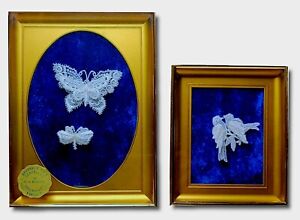(2) Vtg 50s MAISON RENEE FOIRET Belgian Point de Gaze Lace Butterflies    Framed
