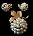 Vintage Jewelry Signed  Brooch & Earring Set Pearl Berry Gold Tone Leaves