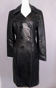 Beautiful Vintage BEBE Leather Black  Long Trench Coat size M Medium