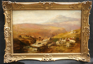 FINE c1890 GOATS & SHEEP IN HIGHLAND RIVER LANDSCAPE SIGNED Antique Oil Painting