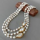 3 rows Cultured Baroque Pearl Necklace Keshi Pearl Gold Plated Connector 20