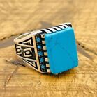 Mens 925K Sterling Silver Ring, Square Blue Turquoise Stone Men Jewelry, Al Size