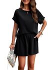 Women Black Two Pieces Short Outfit Lounge Casual Round Neck Shirts Shorts Sets