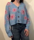 blue pink flower retro knit buttonup crop longsleeve sweater cardigan, size S/M