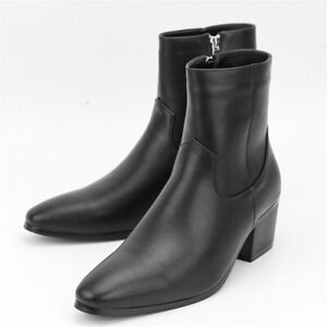 Mens Zip Pointy Toe Heel Leather Chelsea boots Ankle Boots High Top Boots